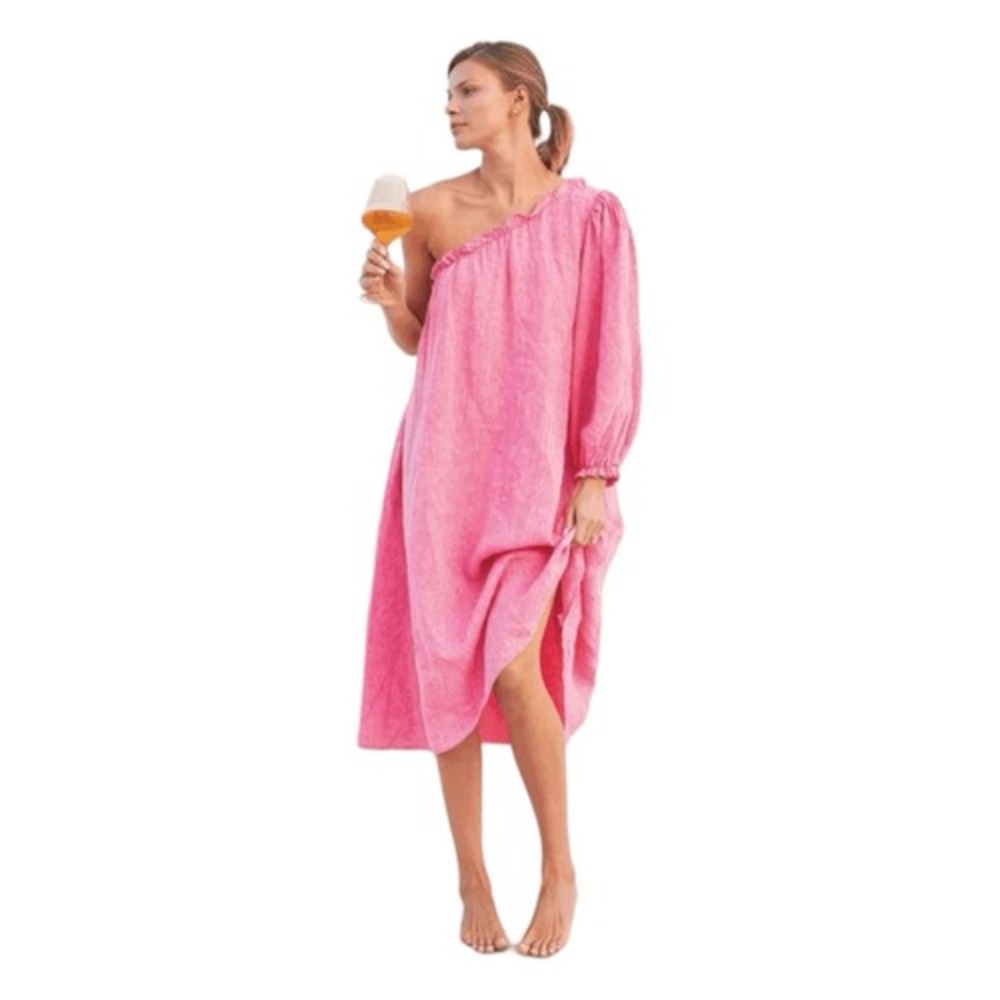 Lake Milly Linen One Shoulder Midi Dress Zinnia Pink XL - Picture 2 of 8